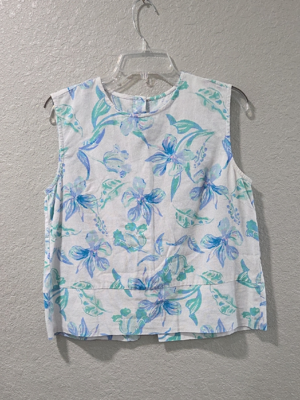 Floral Sleeveless Linen Tank Top - Blue & Green
